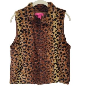 Betsey Johnson Faux Fur Vest Leopard Animal Print Browns Lightweight Sz S
